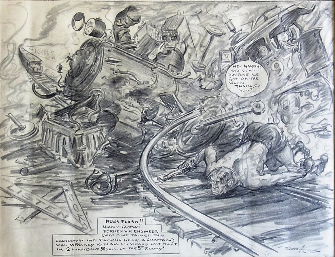 Stunning Burris Jenkins Railroad Train Wreck Joe L: Stunning Burris Jenkins Railroad Train Wreck Joe Lewis vs. RR Engineer Harry Thomas Sports Boxing Champion Editorial Original Political Illustration Cartoon Newspaper Pen and Ink Drawing Description: 