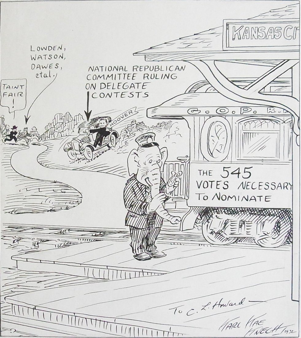 Karl Kae Knecht Evansville Indiana Courier 1932 G.O.P.: Karl Kae Knecht Evansville Indiana Courier 1932 G.O.P. Republican Elephant Train Conductor Hoover Lowden Watson and Dawes Kansas City Presidential Nomination Maneuvering on the G.O.P. R.R. Inscribed t
