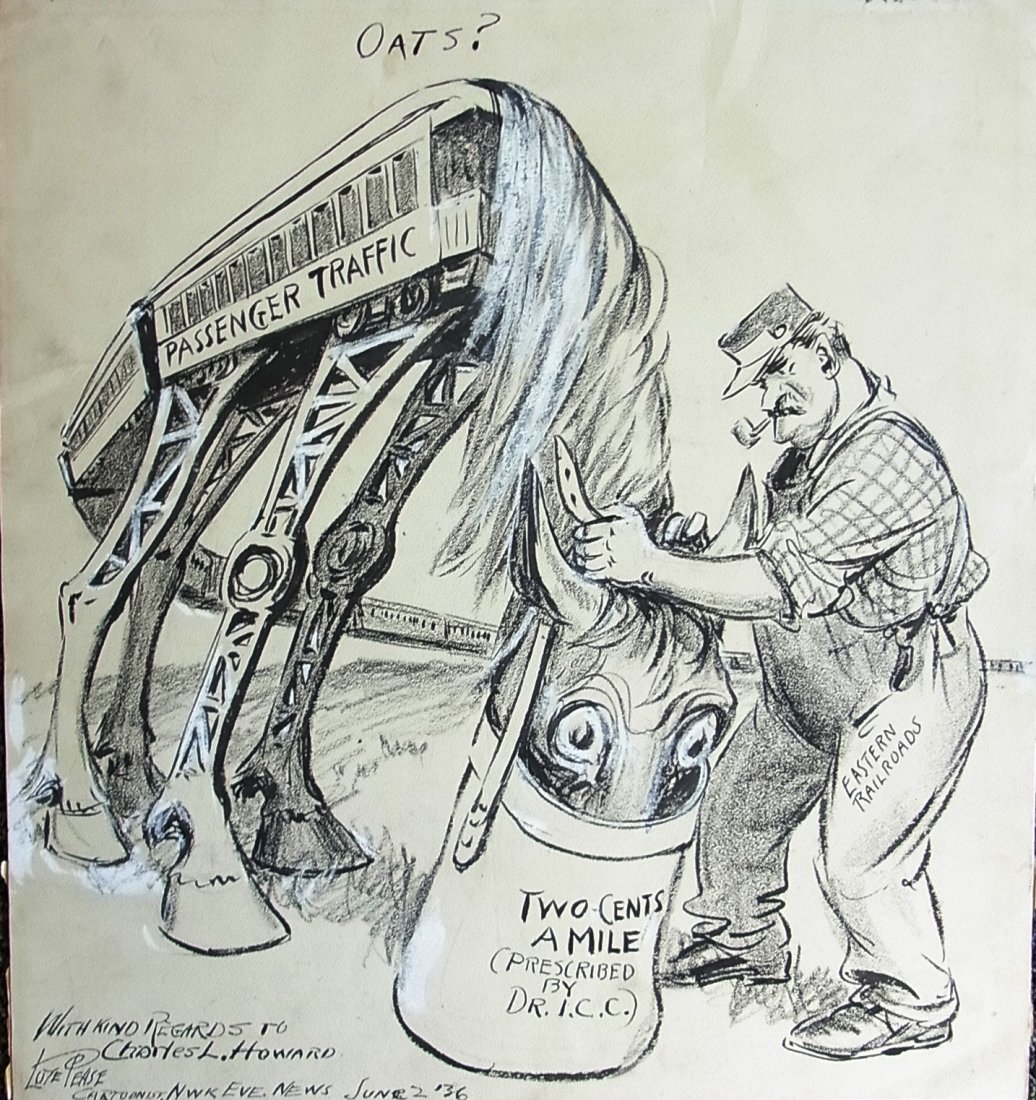 Lute Pease Two-Cents A Mile Newark Evening News Pu: Lute Pease Two-Cents A Mile Newark Evening News Pulitzer Eastern Railroad Feeding Train Horse I.C.C. 1936 Editorial Original Political Illustration Cartoon Newspaper Pen and Ink Drawing Description: L