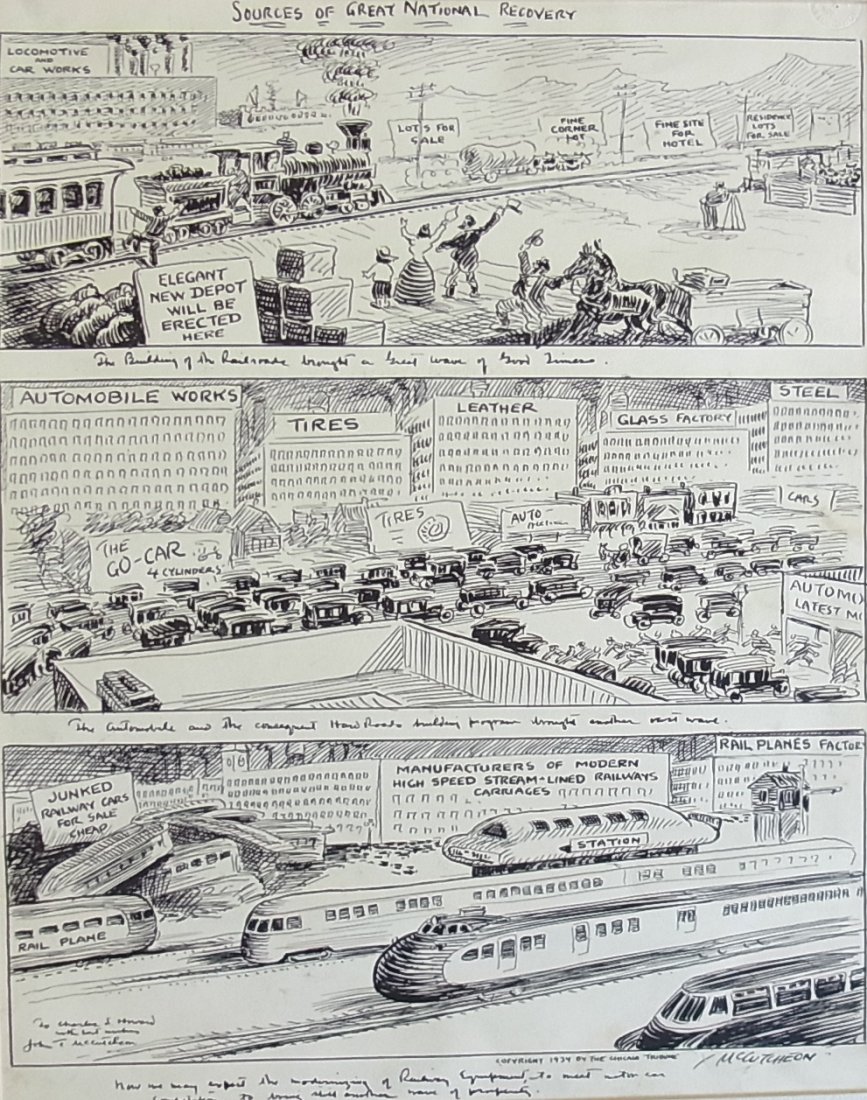 John McCutcheon Chicago Tribune Great National Rec: John McCutcheon Chicago Tribune Great National Recovery Train Modern Railroad Streamliner Pulitzer 1934 Dean Of American Cartoonists Editorial Original Political Illustration Cartoon Newspaper Pen and