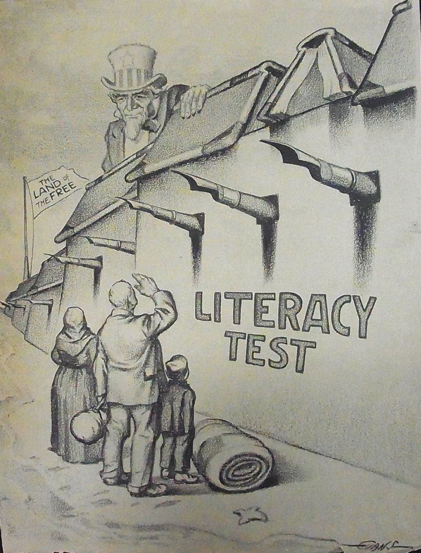 Roy Evans Baltimore News-American Uncle Sam Immigration: Description: Roy Evans Baltimore News-American Uncle Sam Immigration and the Literacy Test Editorial Original Political Illustration Cartoon Newspaper Pencil and Graphite Drawing From the Prestigiou