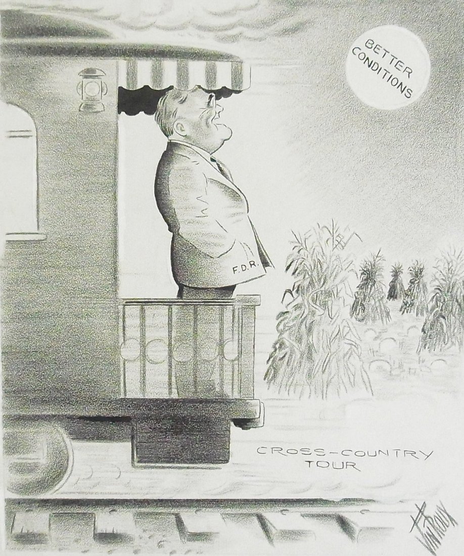 Kendall Vintroux Charleston Gazette FDR Railroad T: Kendall Vintroux Charleston Gazette FDR Railroad Train Cross Country Tour Champaign Editorial Original Political Illustration Cartoon Newspaper Pencil and Graphite Drawing Descri ption: Kendall Vintro