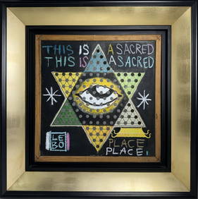 Original LeBo Le Batard Painting This is a Sacred Place Abstract Pop Art Acrylic on Gameboard Signed (1 of 13)