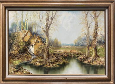 Franz Wagner Old Mill in the Meadows Signed Oil on Canvas Landscape Painting (1 of 15)