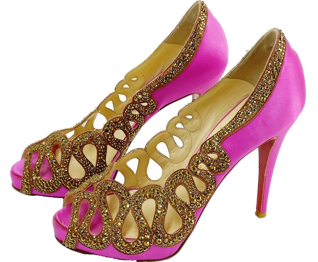 Kirstie Alley Estate Christian Louboutin Magenta Satin Gold Beaded Peep Toe Heels Size 40.5 w/ COA (1 of 7)