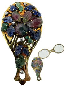 1940’s Deco Tutti Frutti 18k Gold Opera Magnifying Glasses Diamonds Sapphires Emeralds Tourmalines (1 of 12)