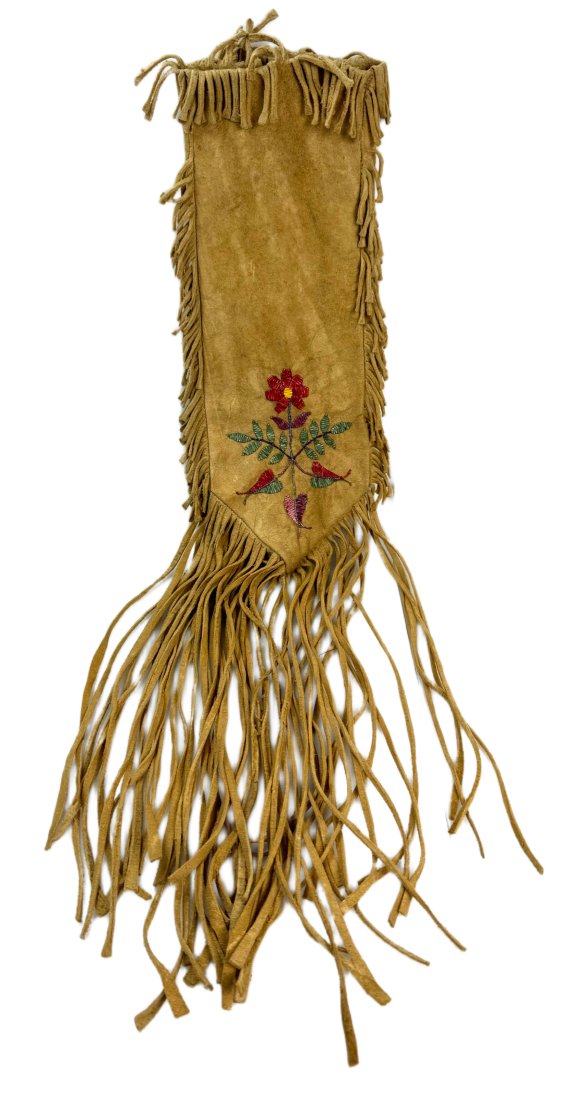 Native American Embroidered Three Sided Vintage Tasseled Long Hide Tobacco Bag (1 of 12)