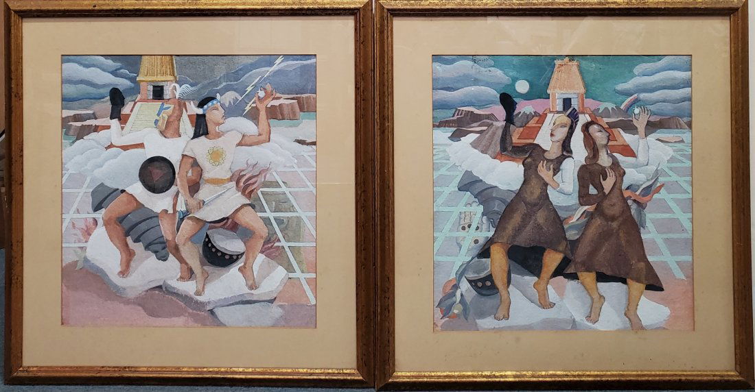 Mexican Art Deco Diego Rivera Mural Era Gouache Painting Pair Socialist Realist Modernist (1 of 8)