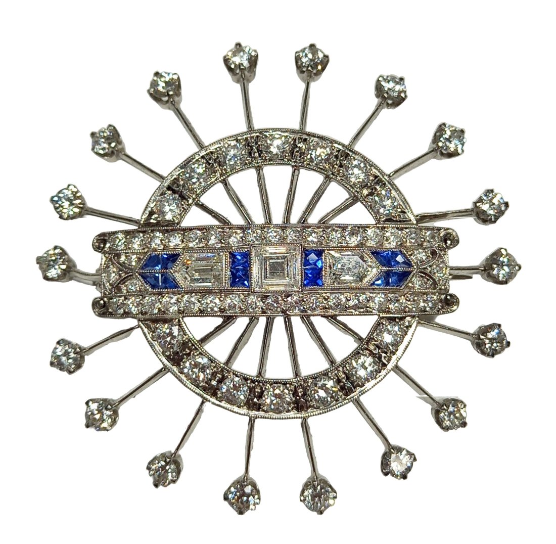Art Deco Platinum 5.35ctw Fine Diamond Natural Sapphire Antique Brooch 14K White Gold Pin (1 of 11)