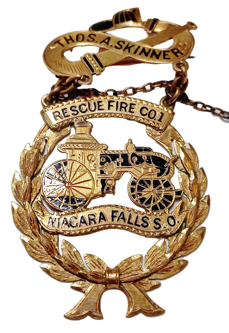 Victorian Niagra Falls Rescue Fire Co. Fire Truck Hat 14K Gold Medal w/ Chain & Pin (1 of 5)
