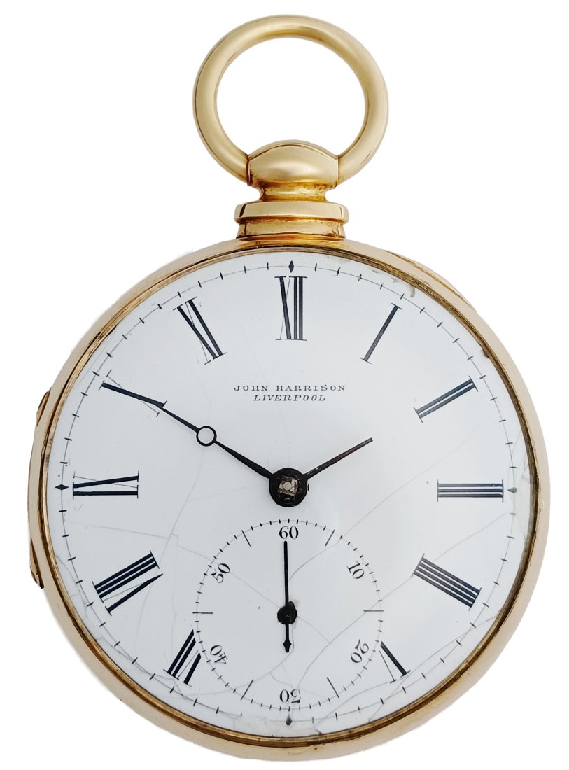 Post-Colonial John Harrison Liverpool 18K Gold Mens Import Open Face Key Wind Chain Drive Pocket Wat (1 of 14)