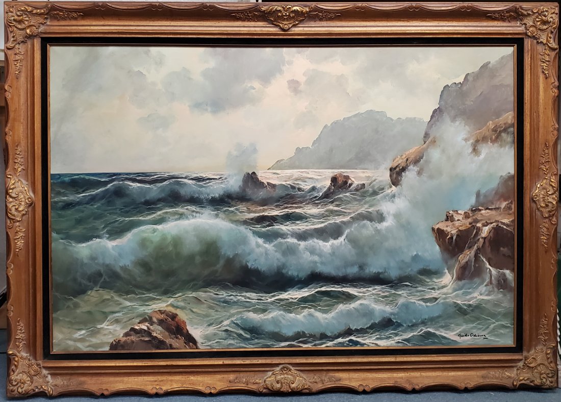Guido Odierna Seascape Italian Russian Trained American Exhibiting Huge 38x58in Oil Painting Crashin: Described By:Michelle HFA VX NFEDD Title:Guido Odierna Seascape Italian Russian Trained American Exhibiting Huge 38x58in Oil Painting Crashing Surf Marine Beach Rock Wave Description: Guido Odierna Se