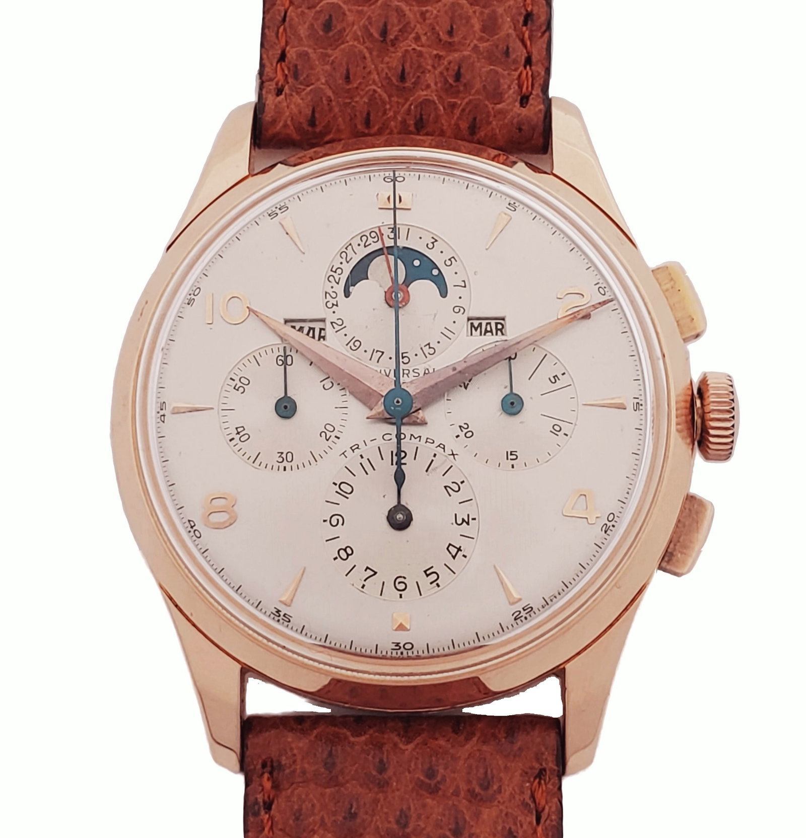 Amazing Universal Geneve 18k Rose Gold Tri Compax Chronograph Moonphase Day Date Month Watch (1 of 8)