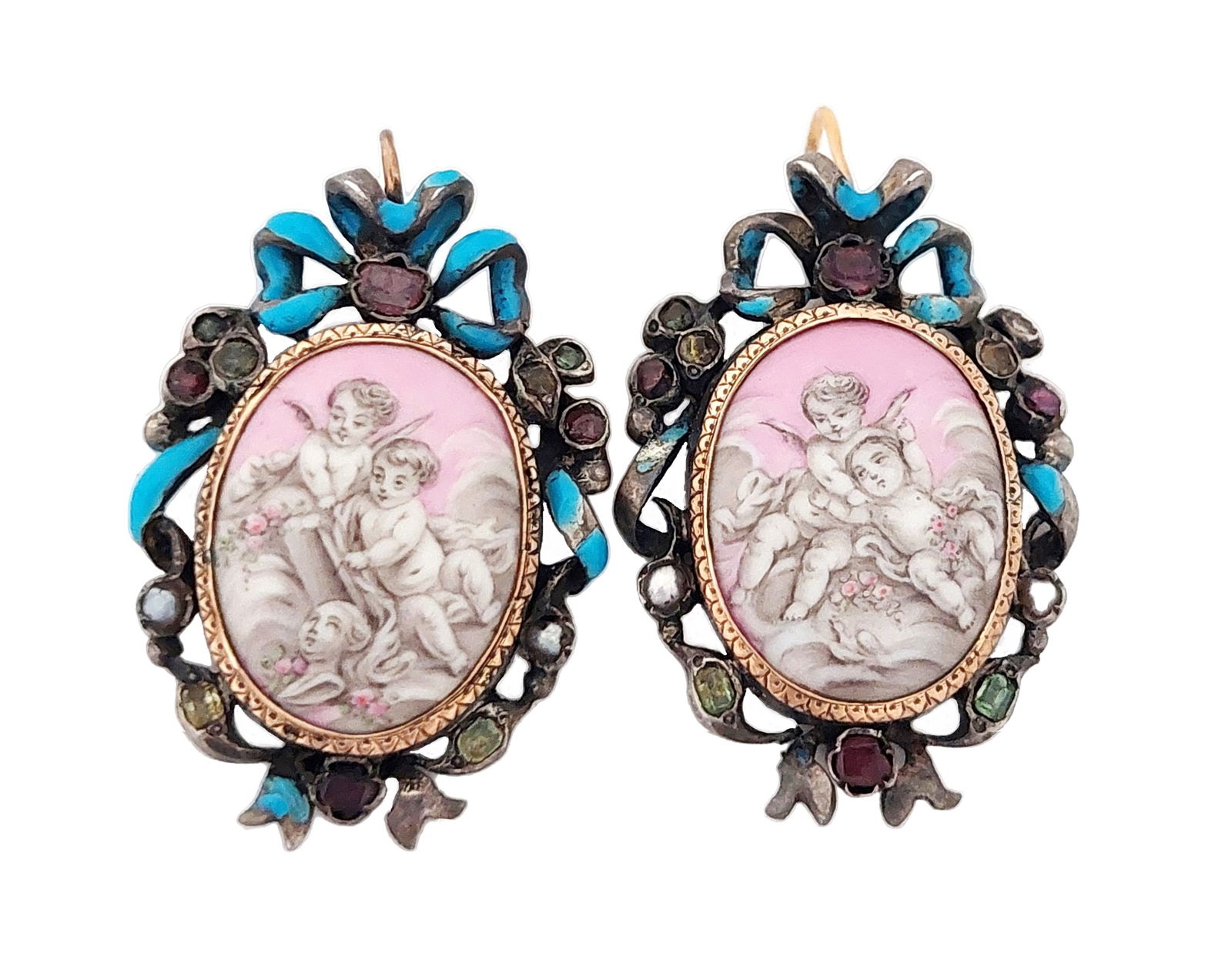 Early Victorian Pink Porcelain Cherub Putti Gold Top Silver Back Antique Earrings w/ European Marks (1 of 9)