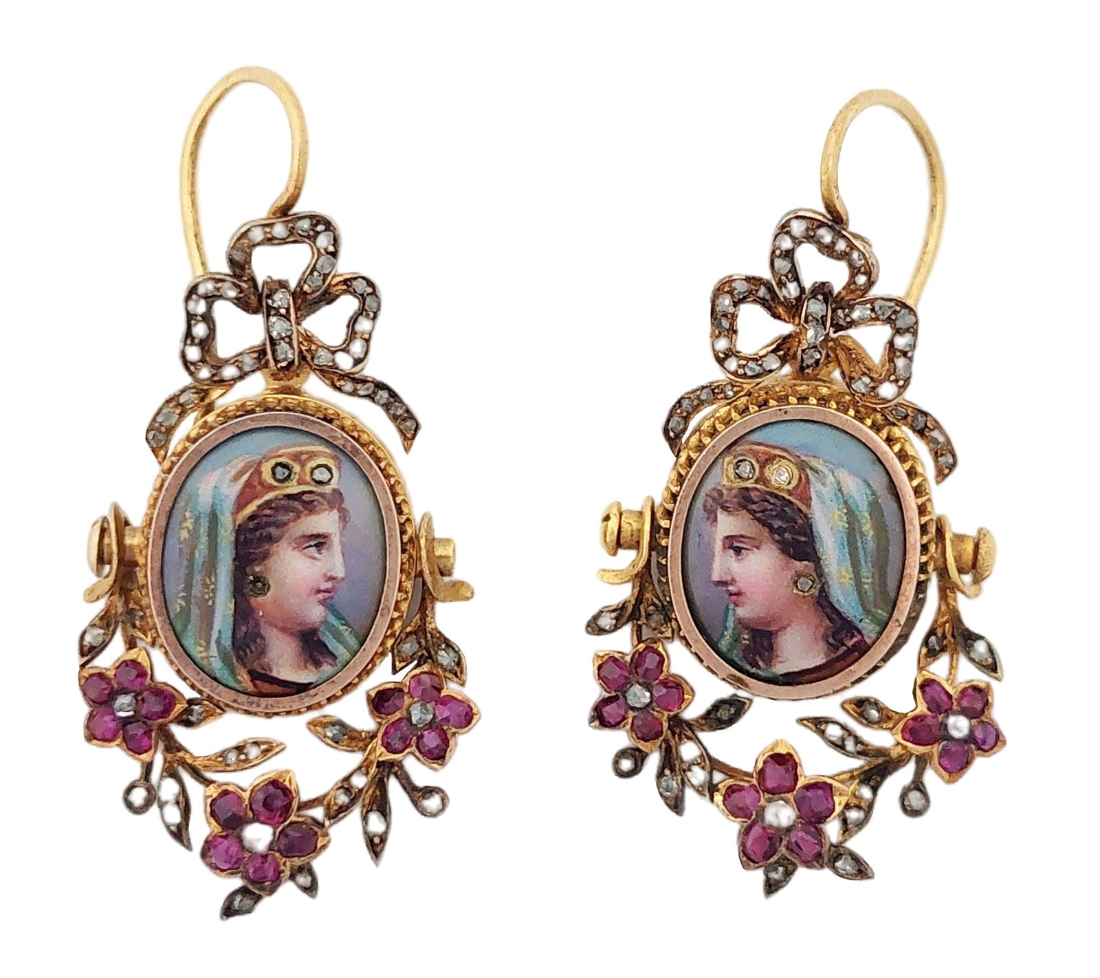 Victorian Painted Porcelain 18k Gold Bright Red Ruby Rose Cut Diamond Ribbon Dangle Earrings (1 of 10)