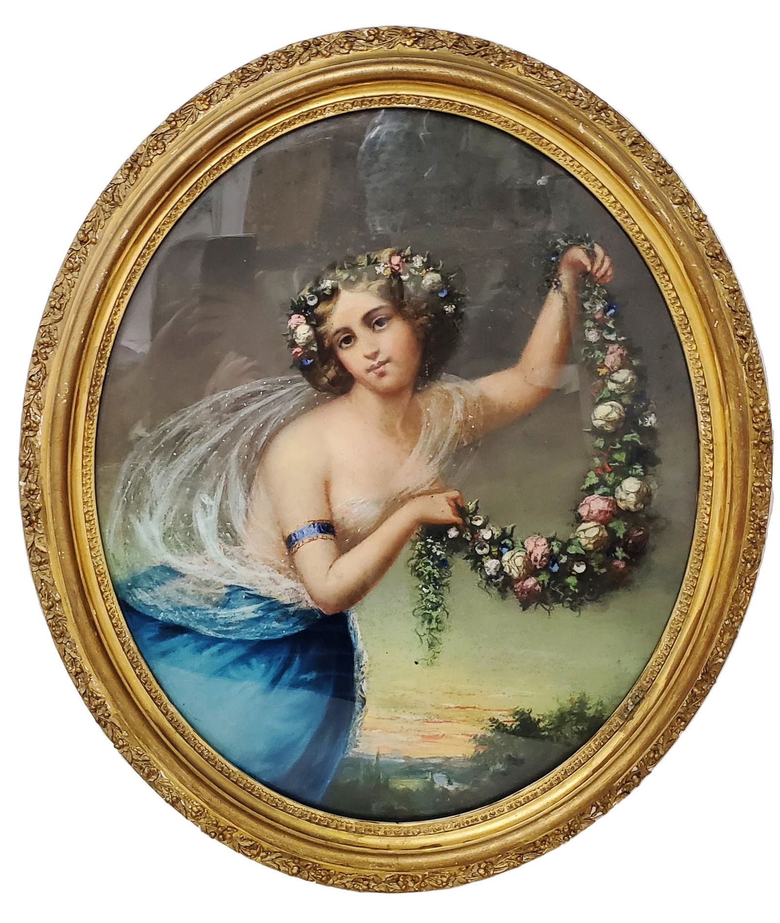 Antique Pastel Portrait Romantic Woman Floral Garland Translucent Nude Hudson River Landscape Mid Vi: Described By:Michelle NFED HFA VX Title:Antique Pastel Portrait Romantic Woman Floral Garland Translucent Nude Hudson River Landscape Mid Victorian or English Continental 19c Allegorical Neoclassical