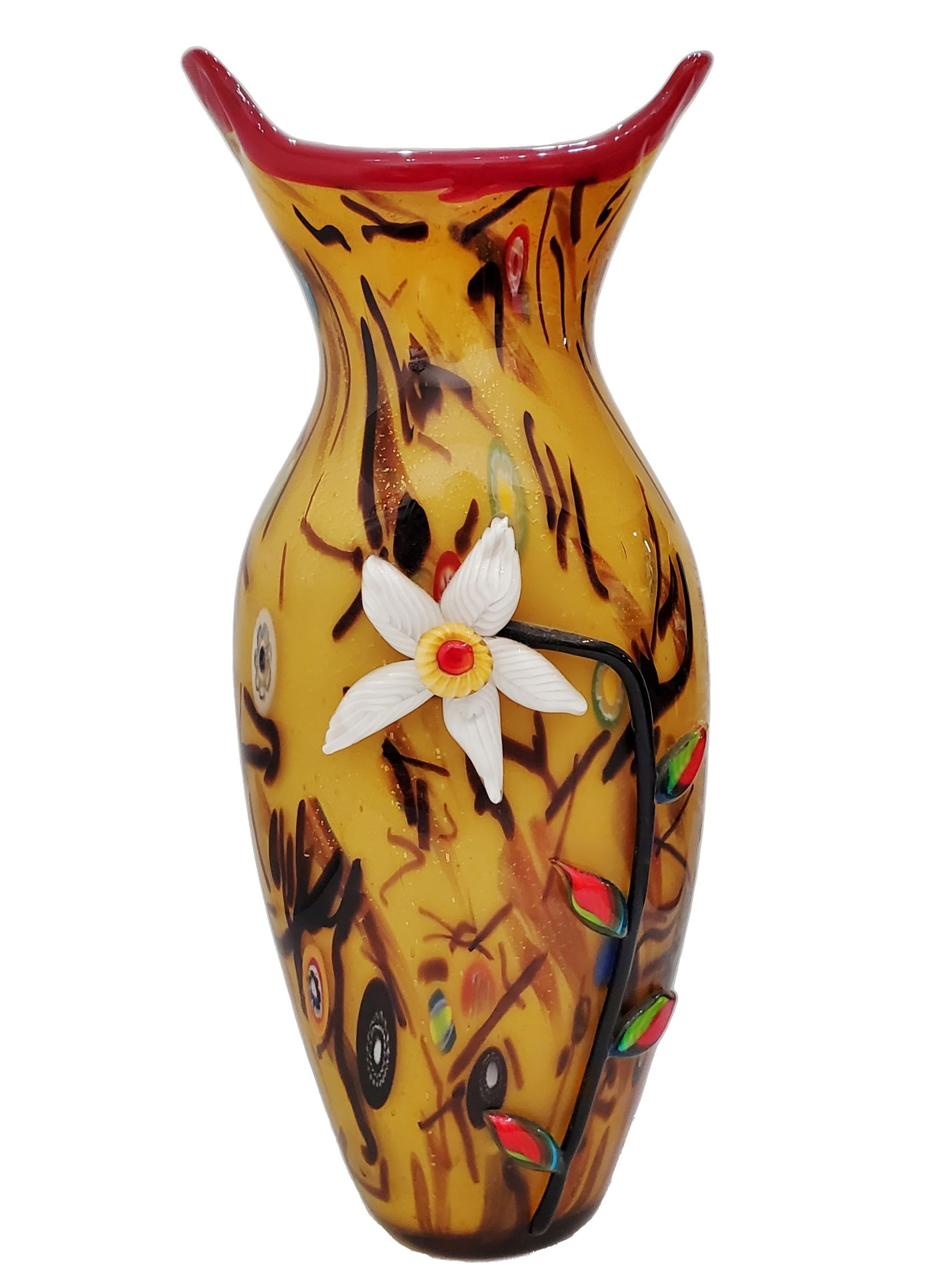 Murano Italian Art Glass Ann Primrose Signed Floral Hand Applique Vase w Label (1 of 7)