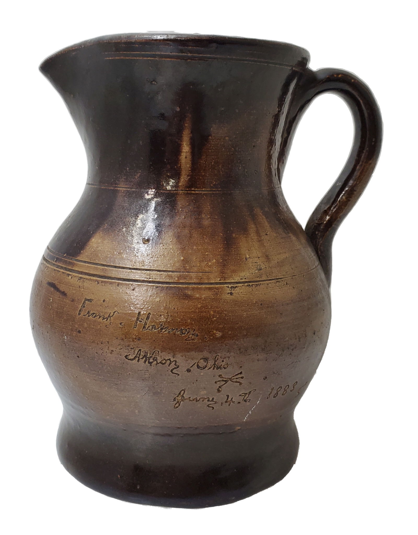 Historical Masonic 1883 Akron Ohio Frank Harmon Incised Brown Stoneware Beer Ale Pitcher Milk Jug An (1 of 6)