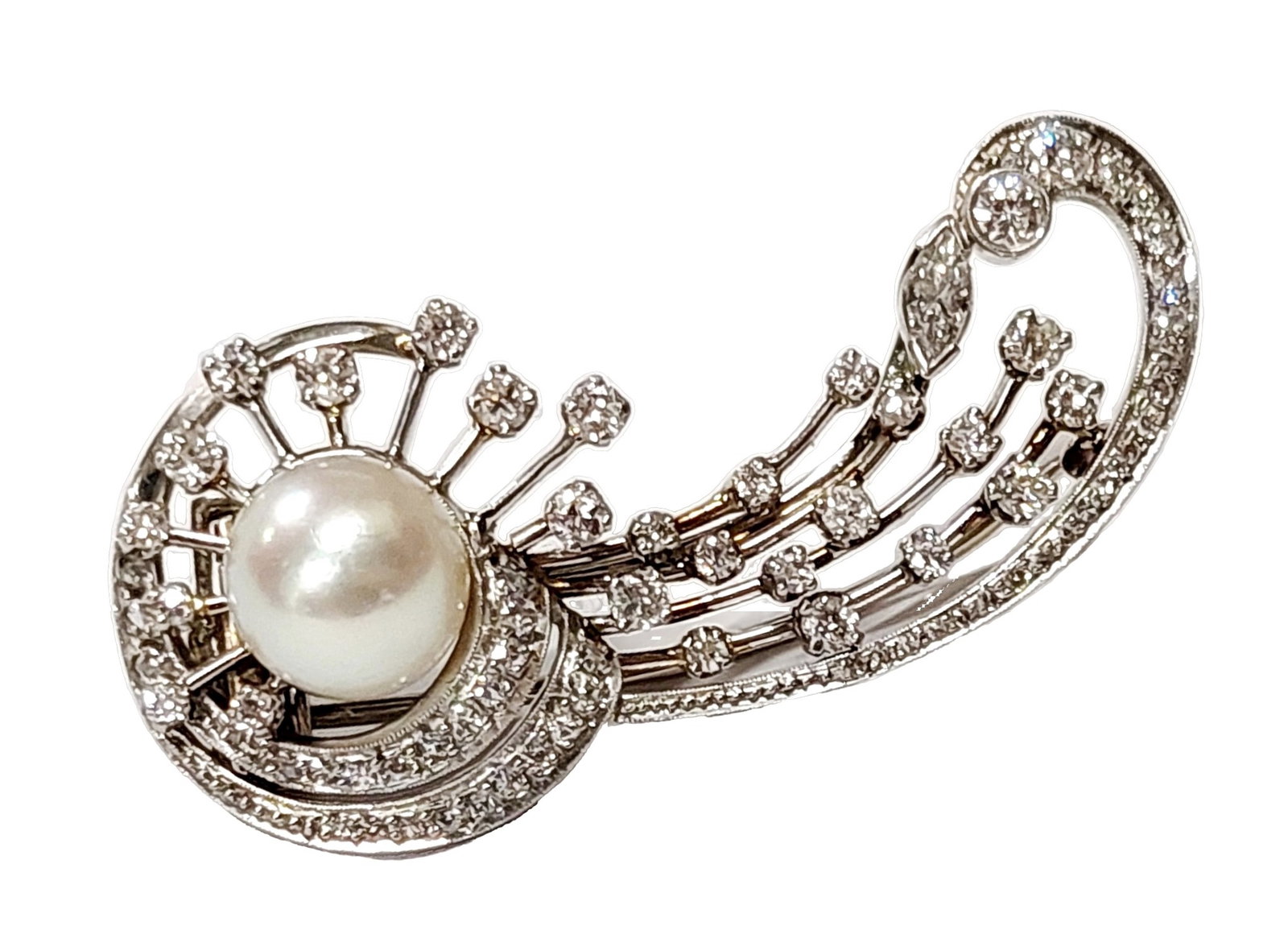 Art Deco Fine 9.5mm Pearl 1.50ctw Diamond Platinum Shooting Star Comet Brooch Clip (1 of 9)