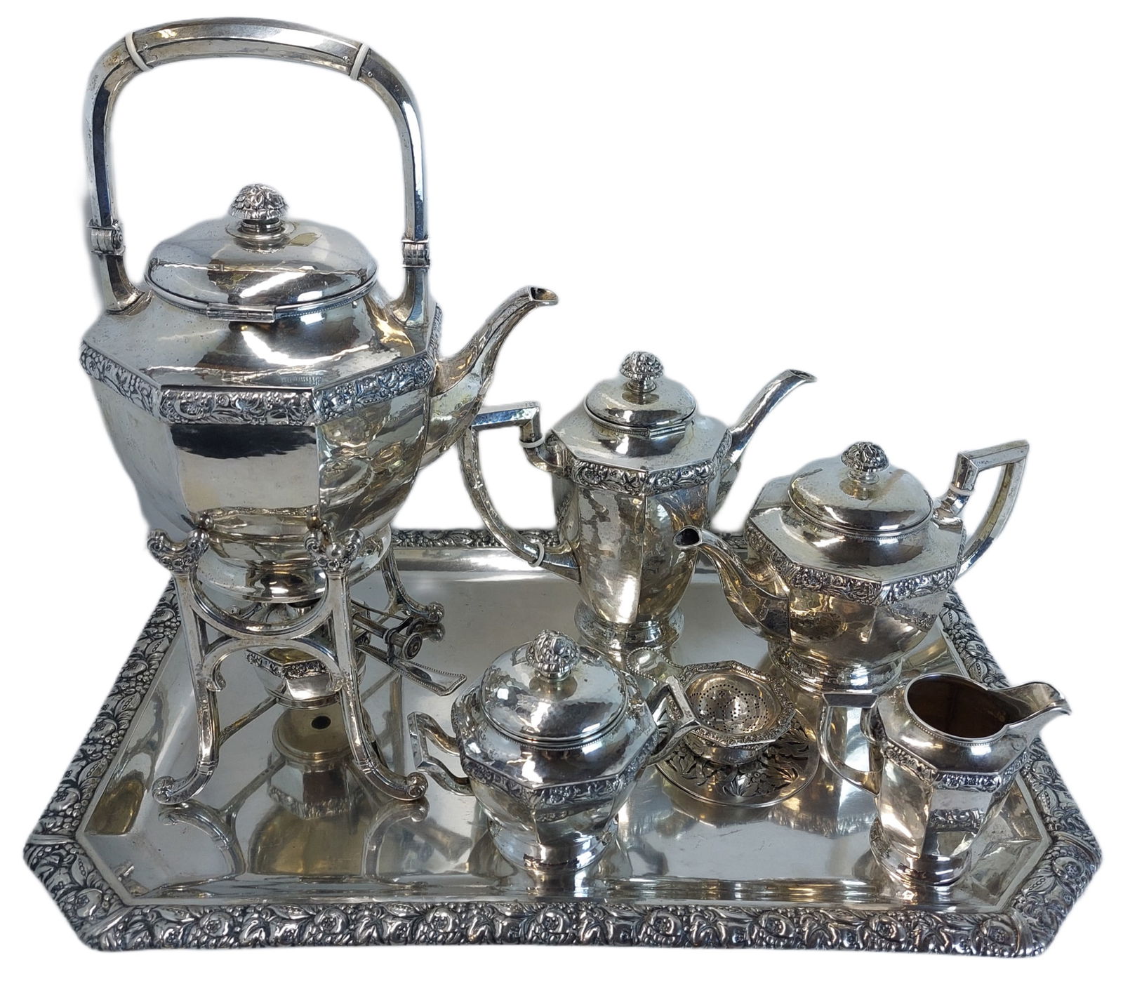 Huge Hand Hammered Lazarus Posen Solid Silver Tea Set with Tray 223.2ozt (1 of 6)