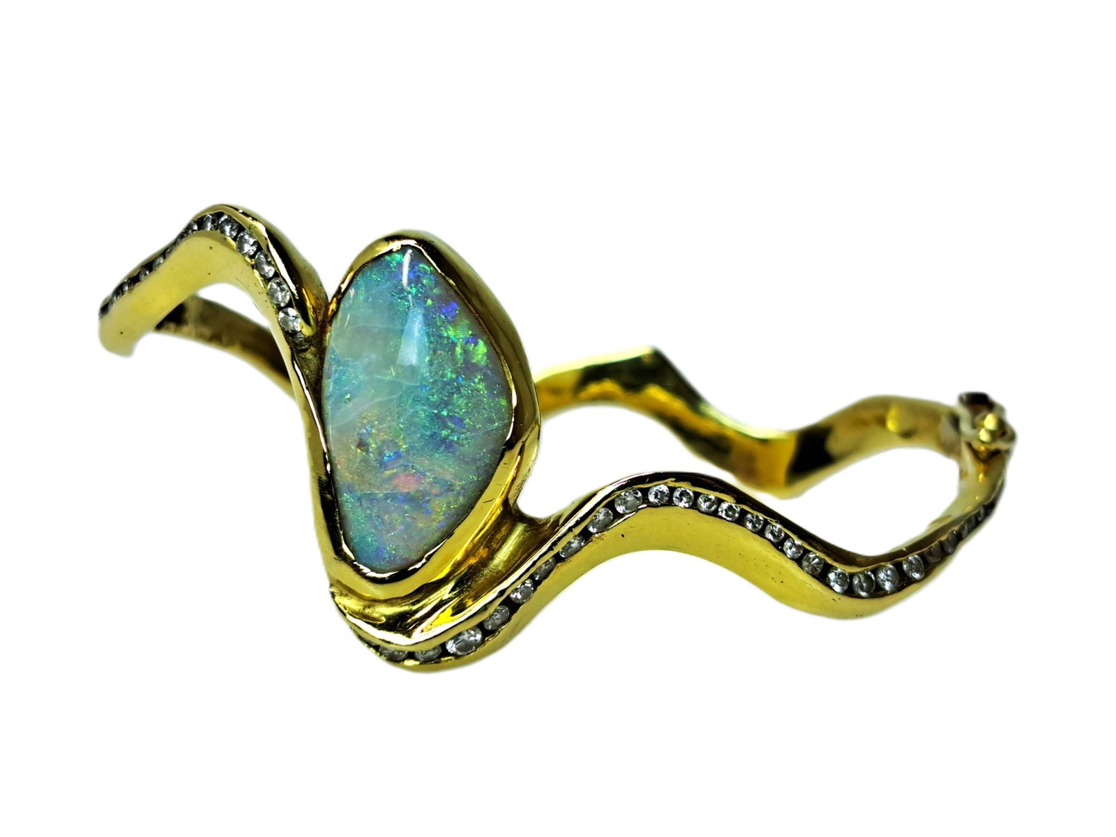 Stunning Midcentury Australian Opal Diamond Accent 18K Gold Free Form Designer Ladies Bracelet (1 of 11)