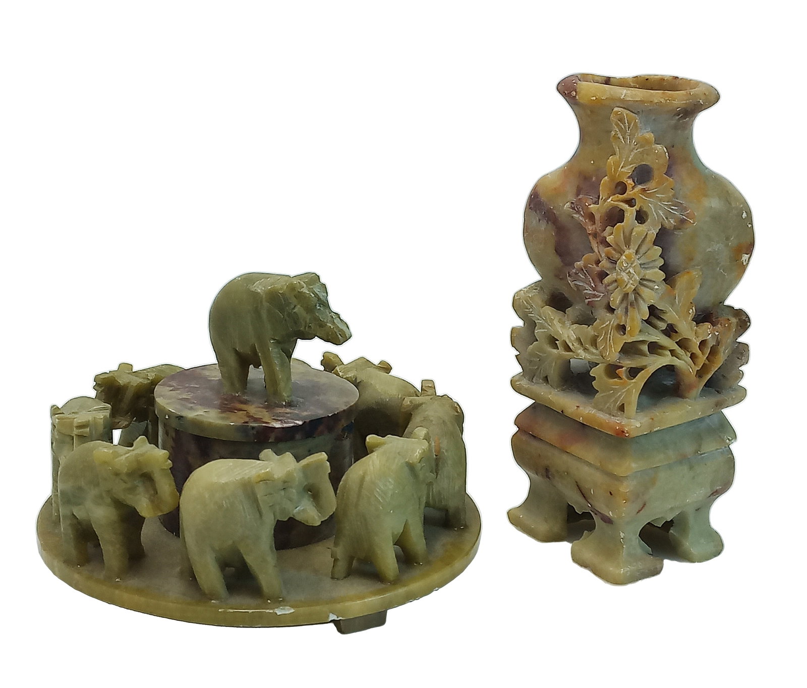 Lot 2 Antique Chinese Qing Carved Soapstone Elephant Trinket Dish 4.5 Inch Floral Vase (1 of 16)