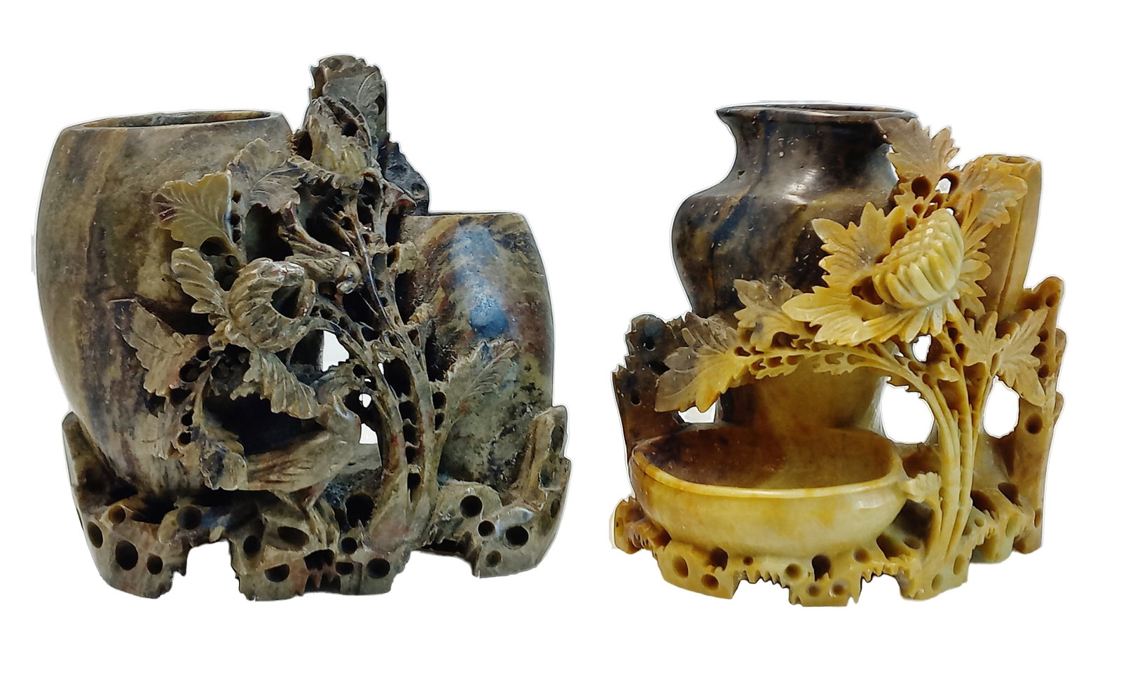 Lot 2 Antique Chinese Qing Carved Multicolor Soapstone 4.75 Inch Double Vase Trinket Dish (1 of 13)