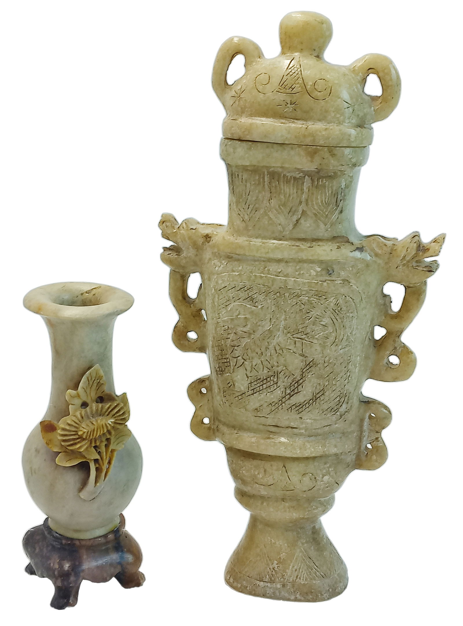 Lot 2 Antique Chinese Qing Carved Soapstone Beige Dragon Statue Small Floral Vase (1 of 15)