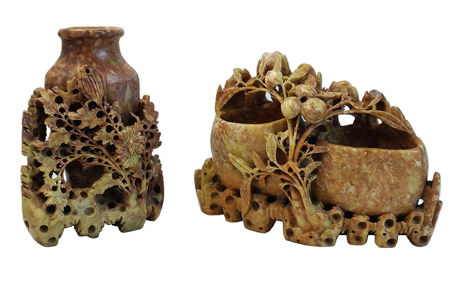Lot 2 Antique Chinese Qing Carved Soapstone Multicolor Decorative 7 In Floral Vase 6.5 In Dish (1 of 12)