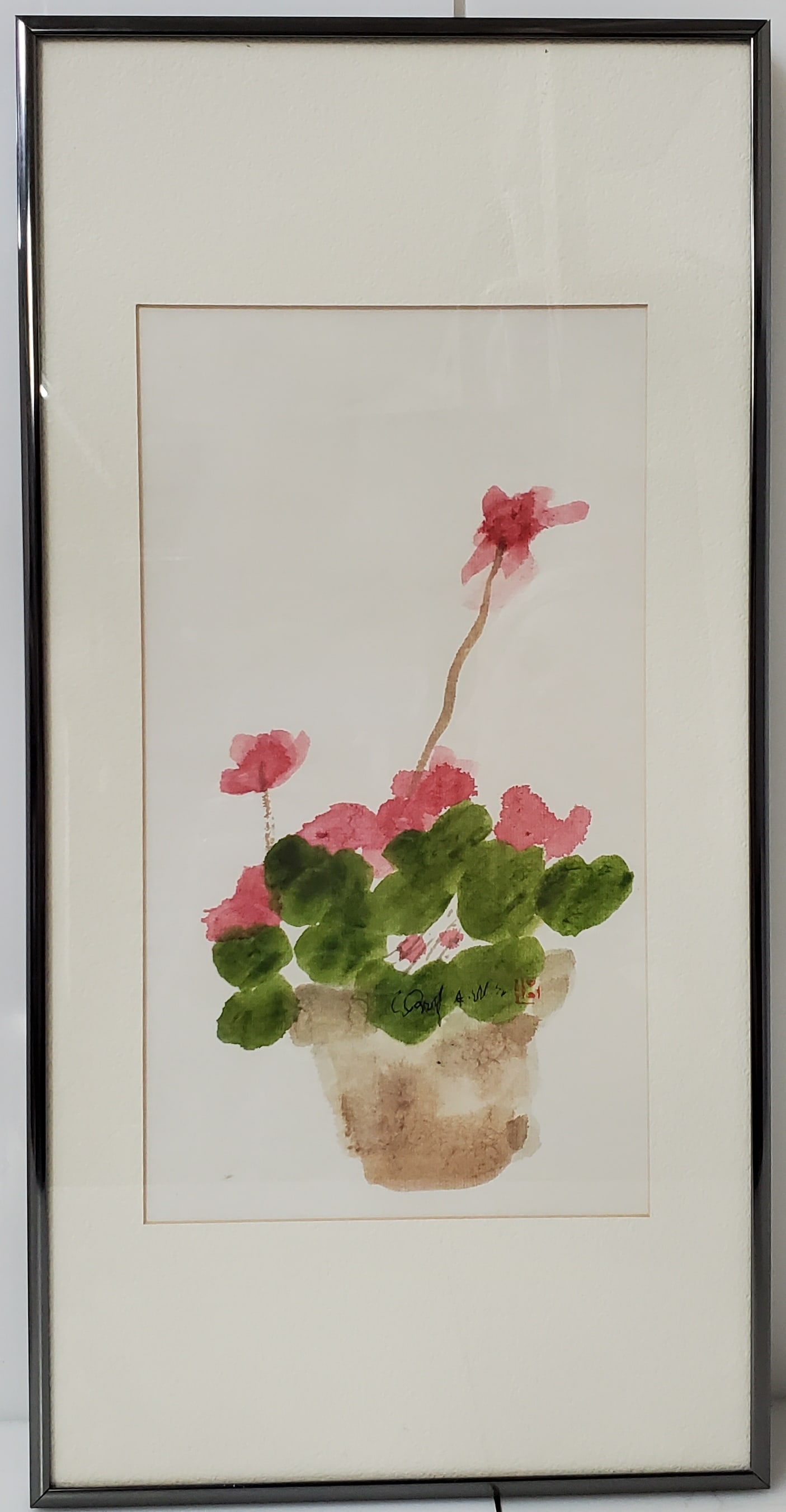 Victor Ing Signed Stamped Flower Pot Watercolor Painting (1 of 5)