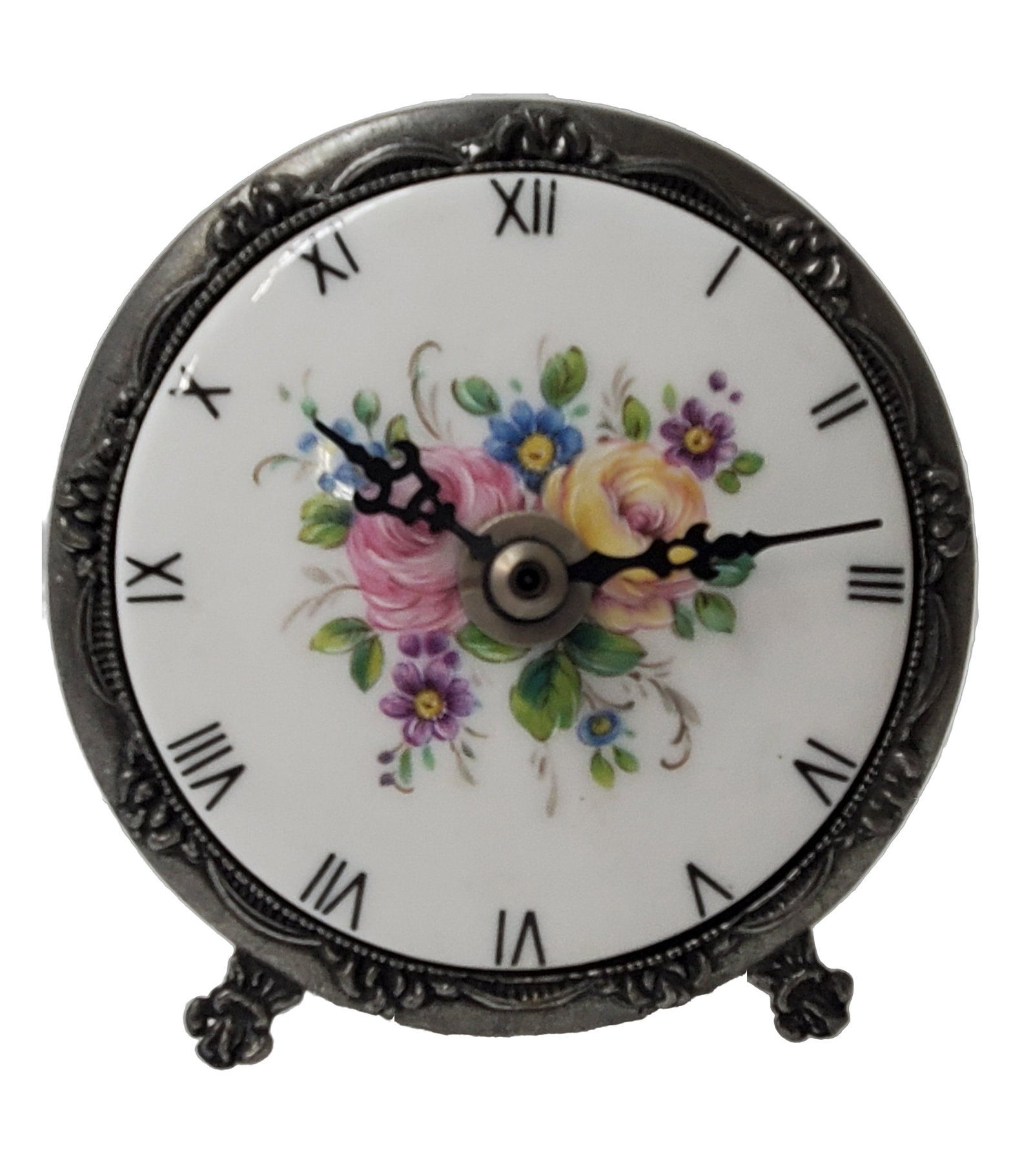 Limoges France Porcelain Floral Dial Pewter Vintage Desk Mantel Clock (1 of 4)
