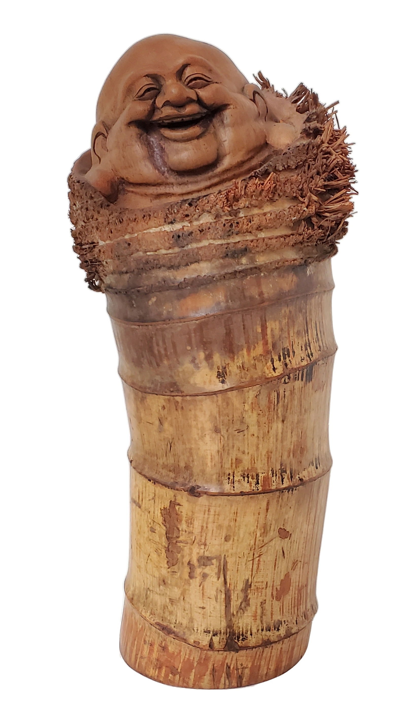 Happy Buddha Carved Bamboo Tall Chinese Statue Sculpture Carving (1 of 6)