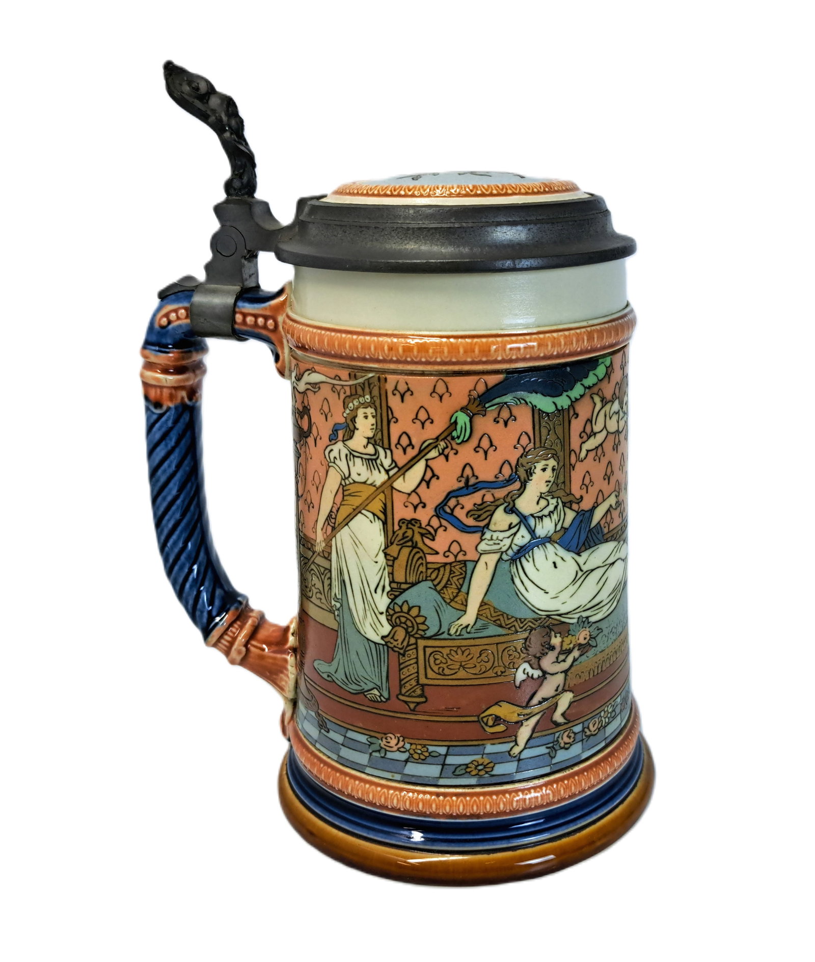 Vintage Mettlach Stein Neoclassical Women Lyre Lid Dashing Sword Soldier Signed (1 of 9)