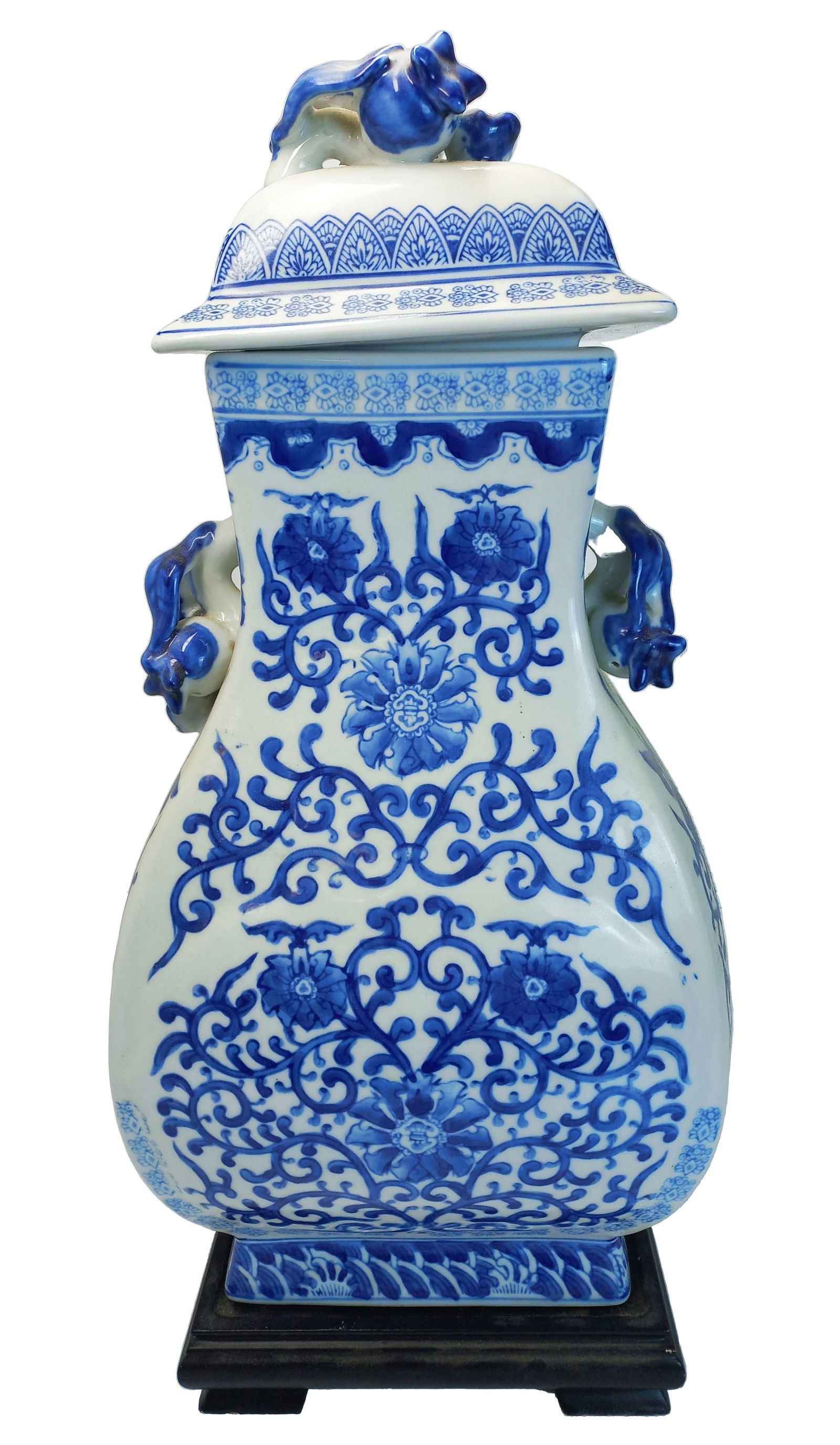 Signed Large Chinese Figural Lid Handled Vintage Blue White Porcelain 19.5" Export Stand Vase (1 of 9)