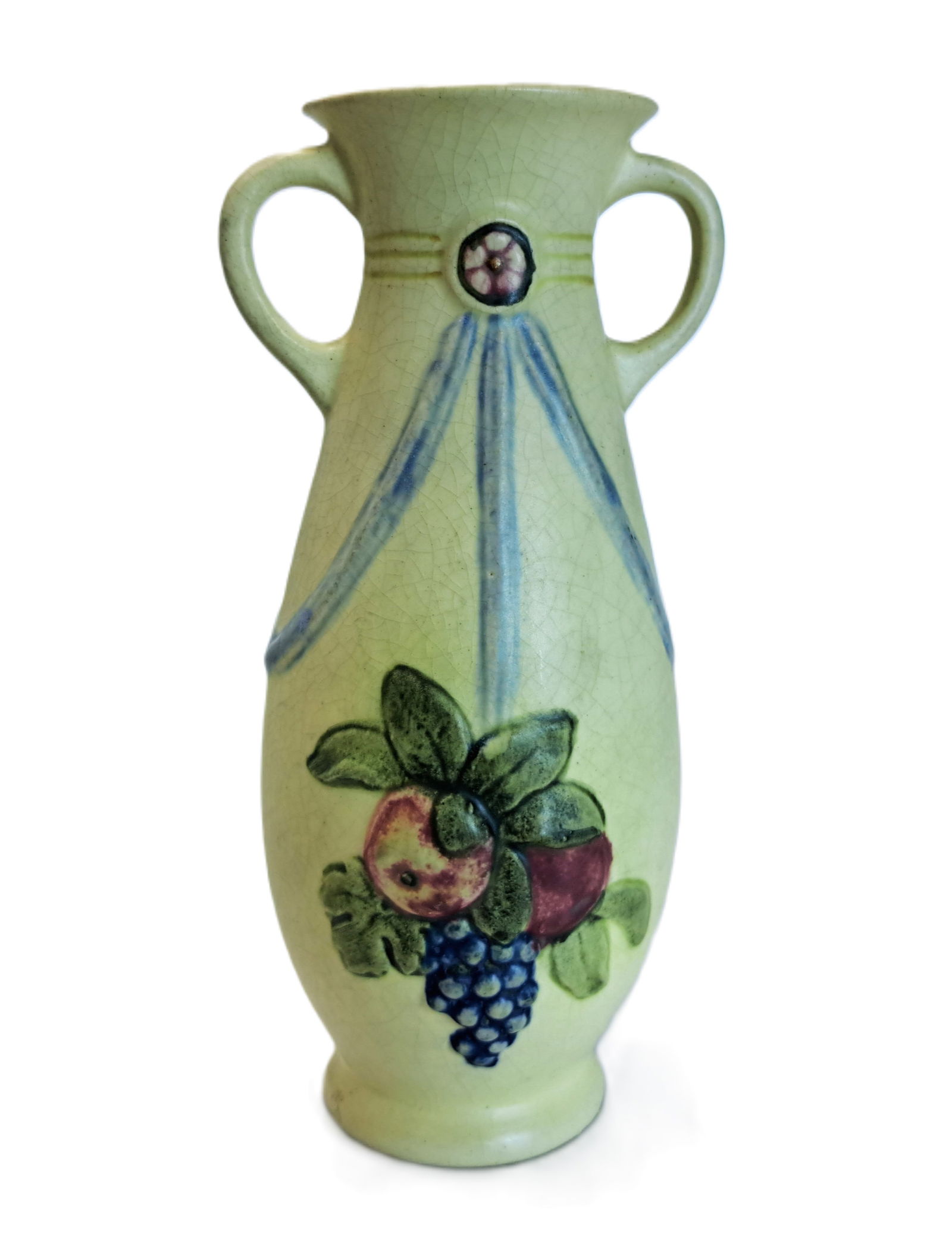 Small Weller High Relief Matte Cream Ceramic Fruit Pottery Vase w/ Handles (1 of 6)