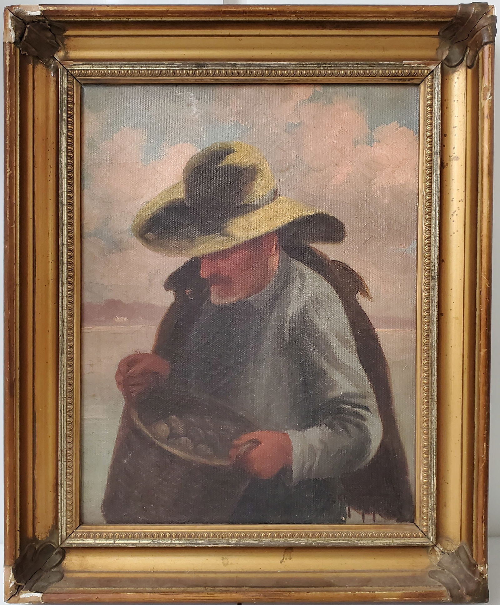 Vintage Antique Impressionist Fisherman Harbor Plein Air Oil Painting Signed Illegibly Mystery Artis (1 of 6)