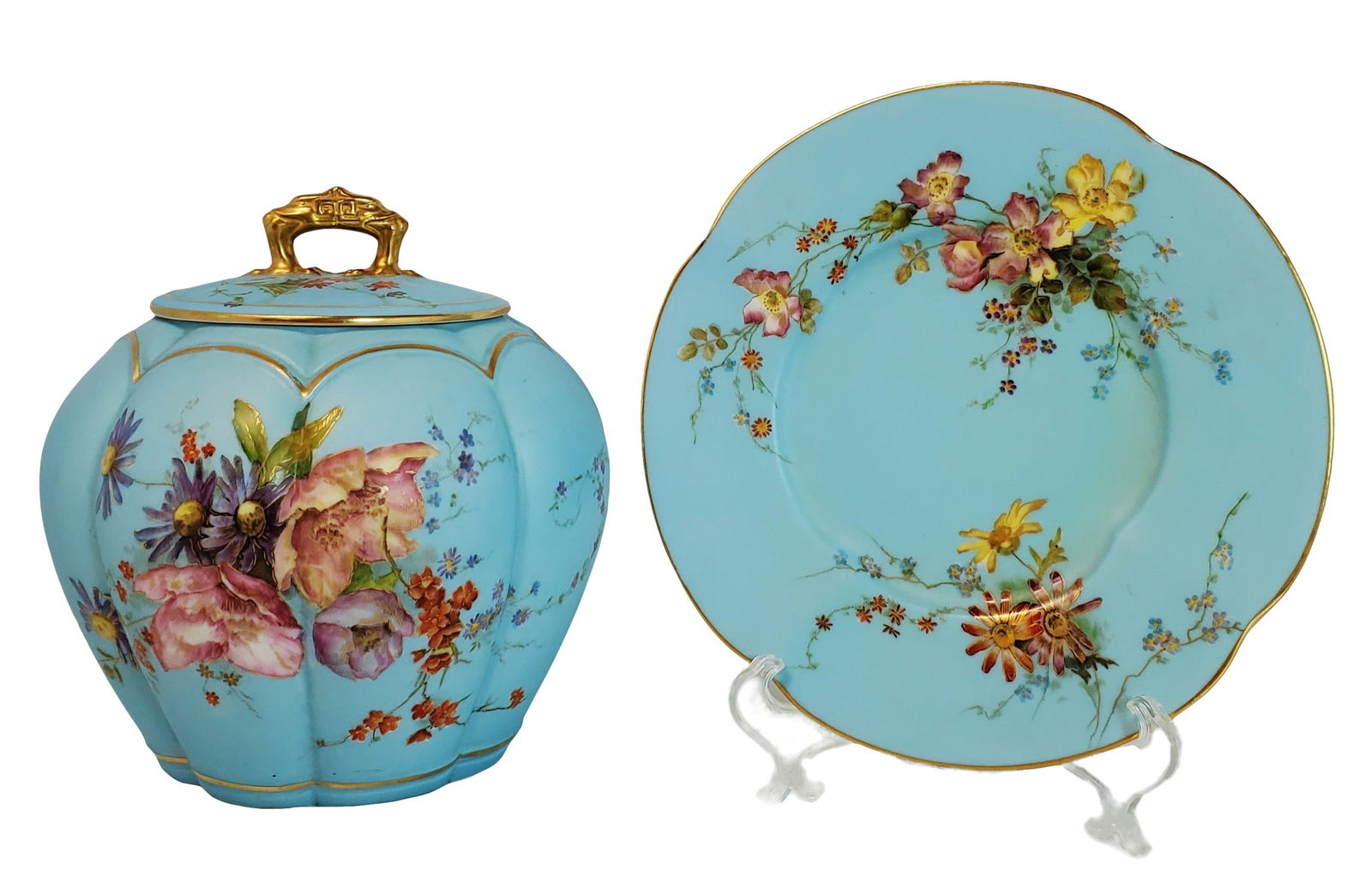 Antique Royal Worcester England 1412 Gilt Porcelain Floral Matte Baby Blue Lidded Biscuit Jar & Plat (1 of 10)