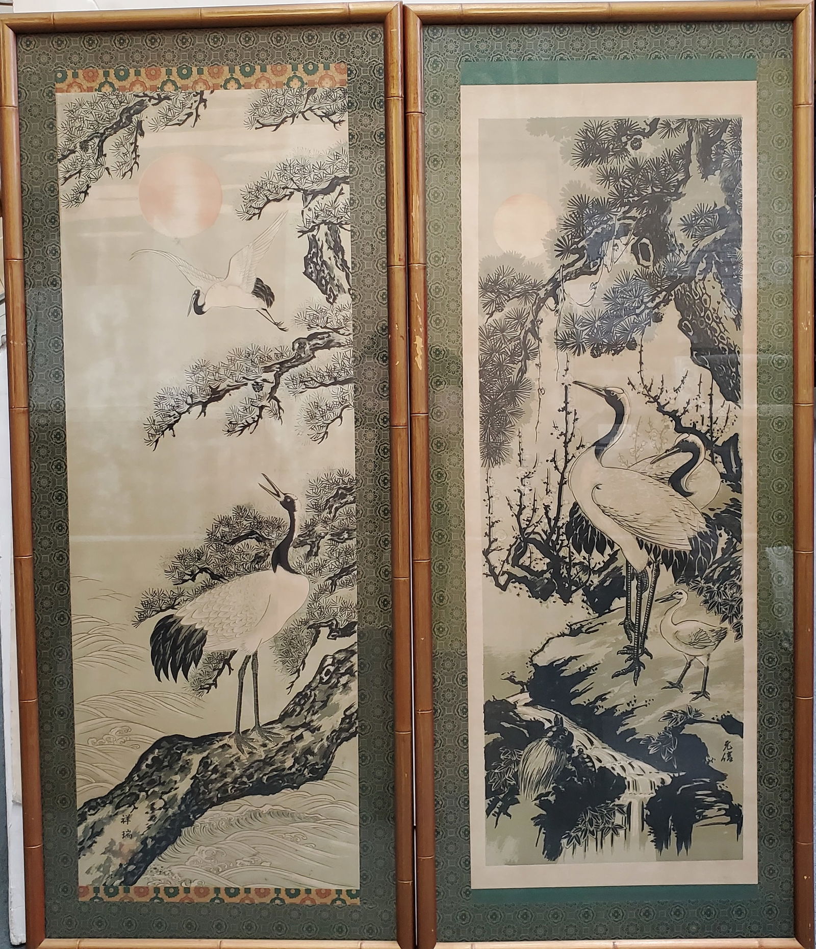 Japanese Crane Rising Sun Scroll Print Pair Signed Stamped Large Tall Vintage (1 of 7)