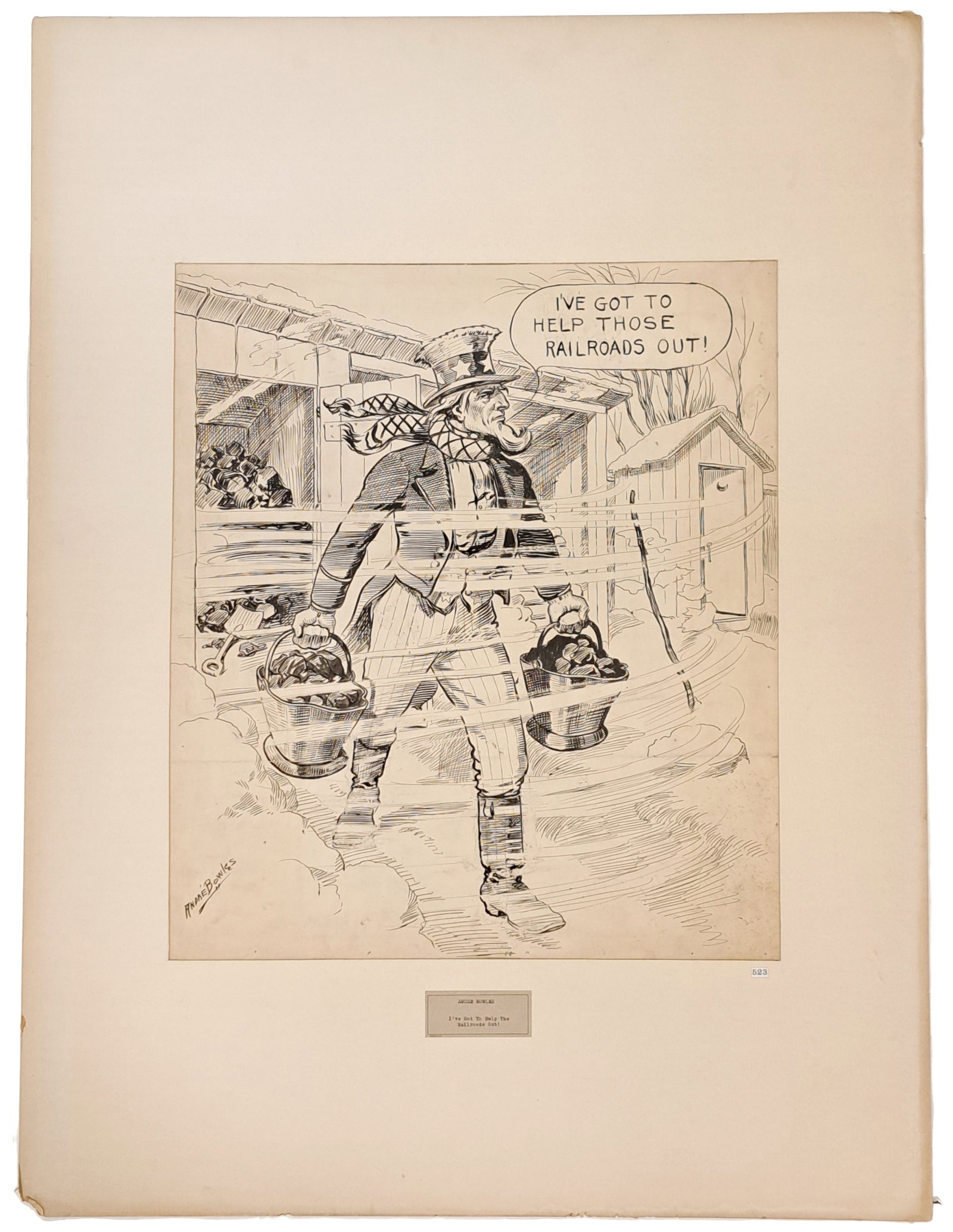 Original Andre Bowles Pen Ink Drawing Uncle Sam & Railroads Chicago Ledger Political Cartoon 1910 (1 of 6)