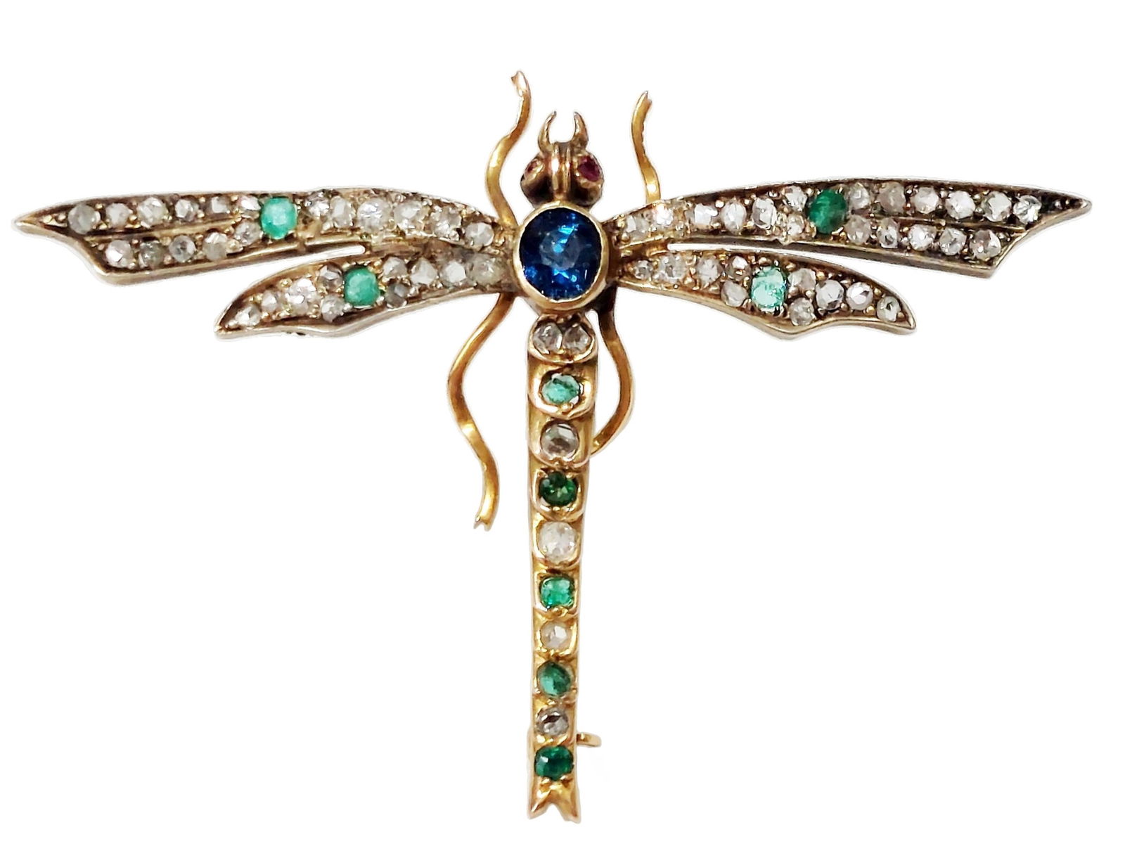 Well Over 1ctw Old Mine Cut Diamonds 18k Gold Natural Sapphire Emerald Art Nouveau Dragonfly Brooch (1 of 9)