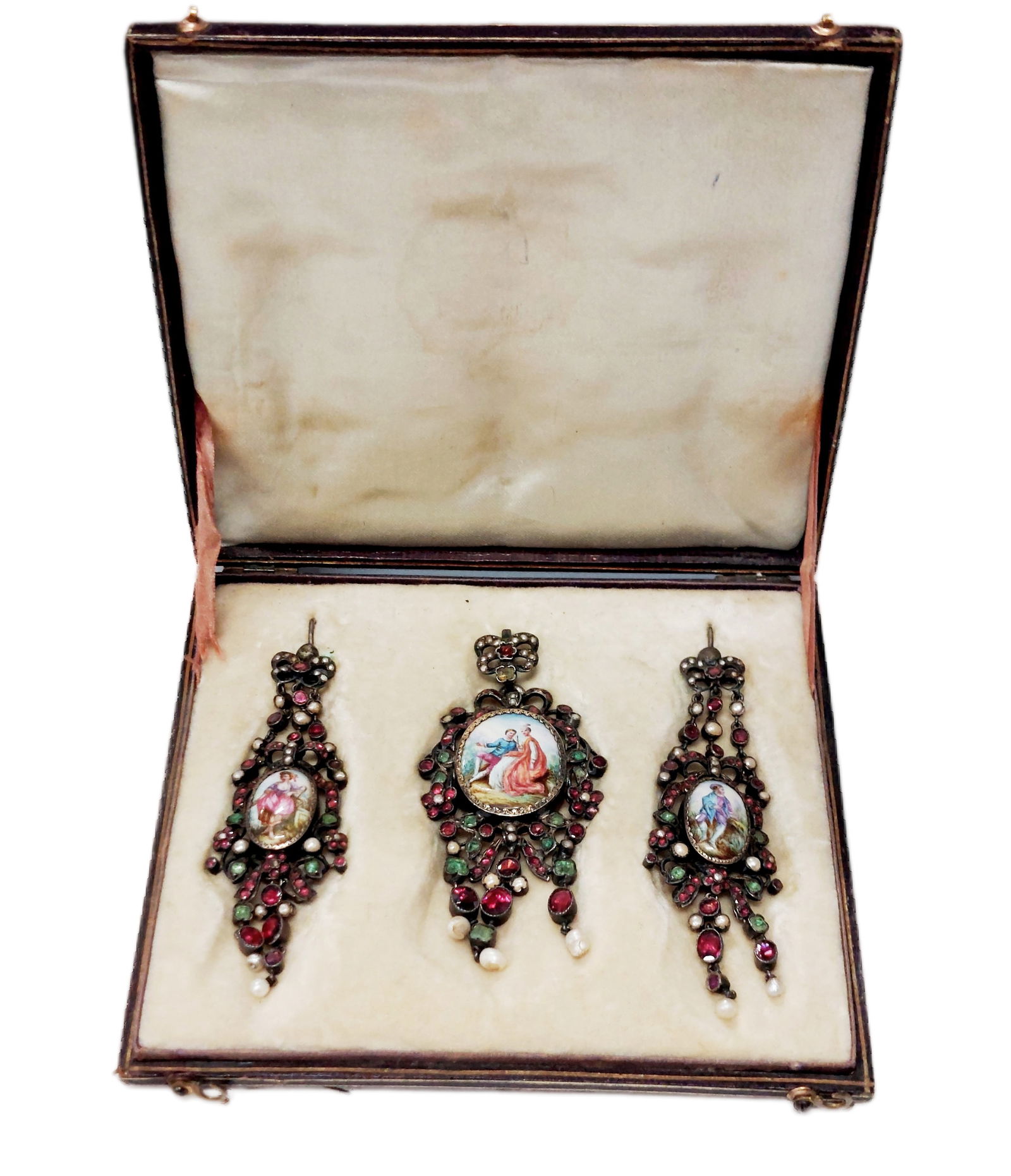 Early Victorian Finely Painted Porcelain Natural Pearl Ruby Emerald Pendant Locket Earrings in Box (1 of 12)