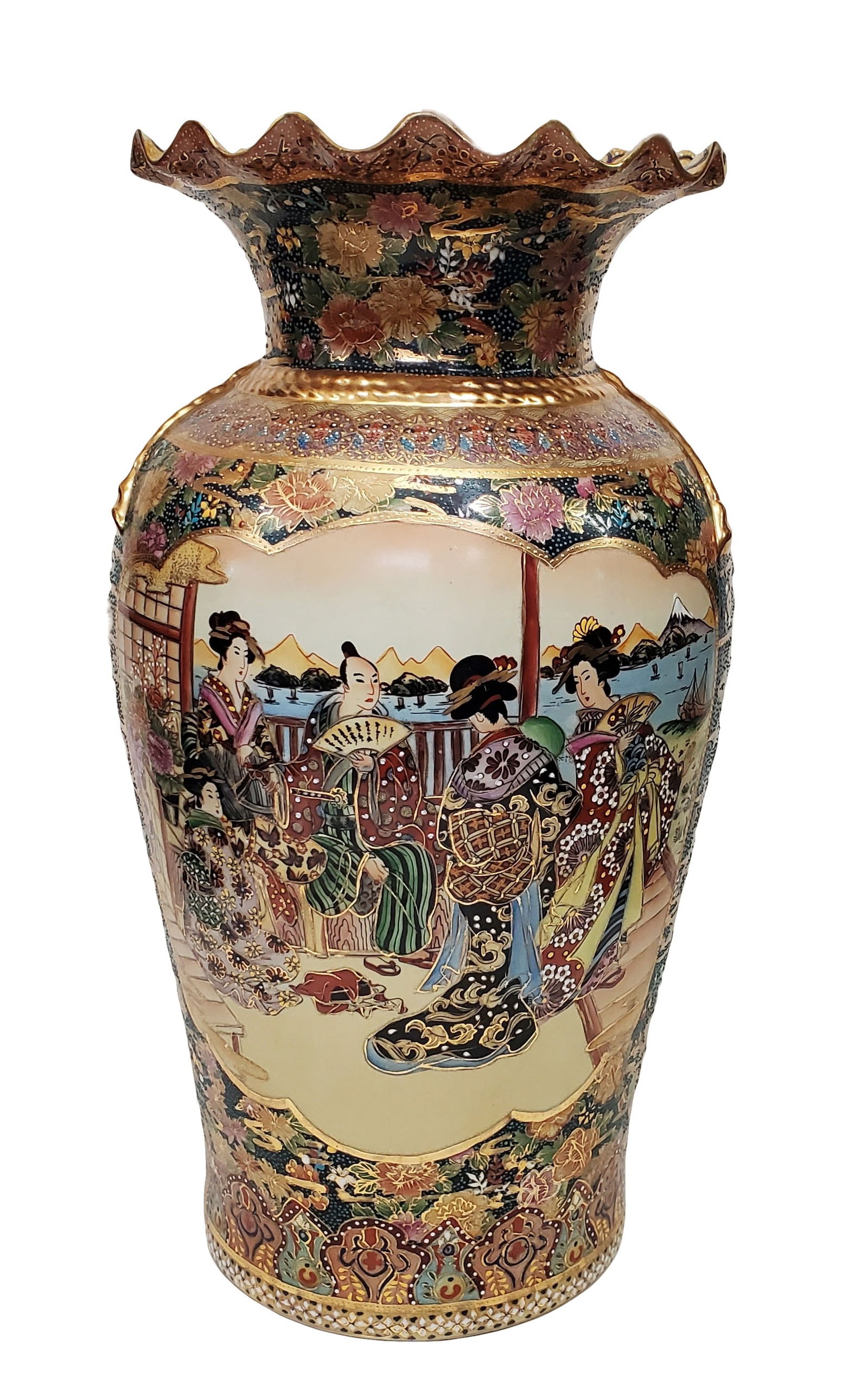 Chinese Satsuma Moriage Hand Painted Gilt Porcelain 2ft Vintage Vase: Described By: Michelle CNX 0024 0041 Title: Chinese Satsuma Moriage Hand Painted Gilt Porcelain 2ft Vintage Vase Description: Chinese Satsuma Moriage Hand Painted Gilt Porcelain 2ft Vintage Vase H