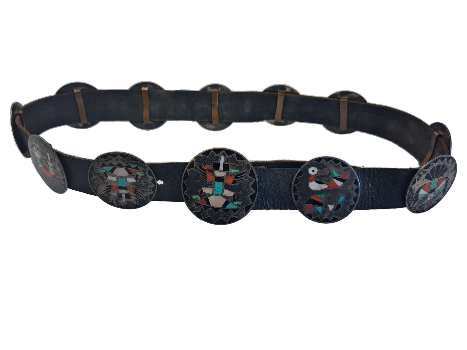 Vintage Zuni Southwest Native American Inlaid Conch Shell Turquoise Coral Onyx Sterling Silver Belt (1 of 8)