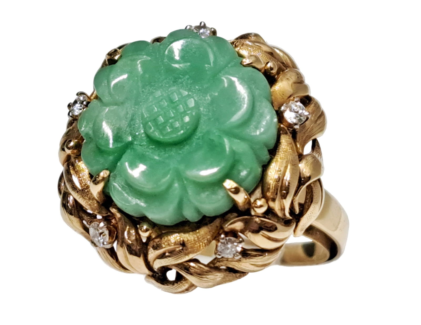 Vintage Type A Untreated 14K Yellow Gold Jade Jadeite Carved Flower Fine Diamond Statement Ring (1 of 12)