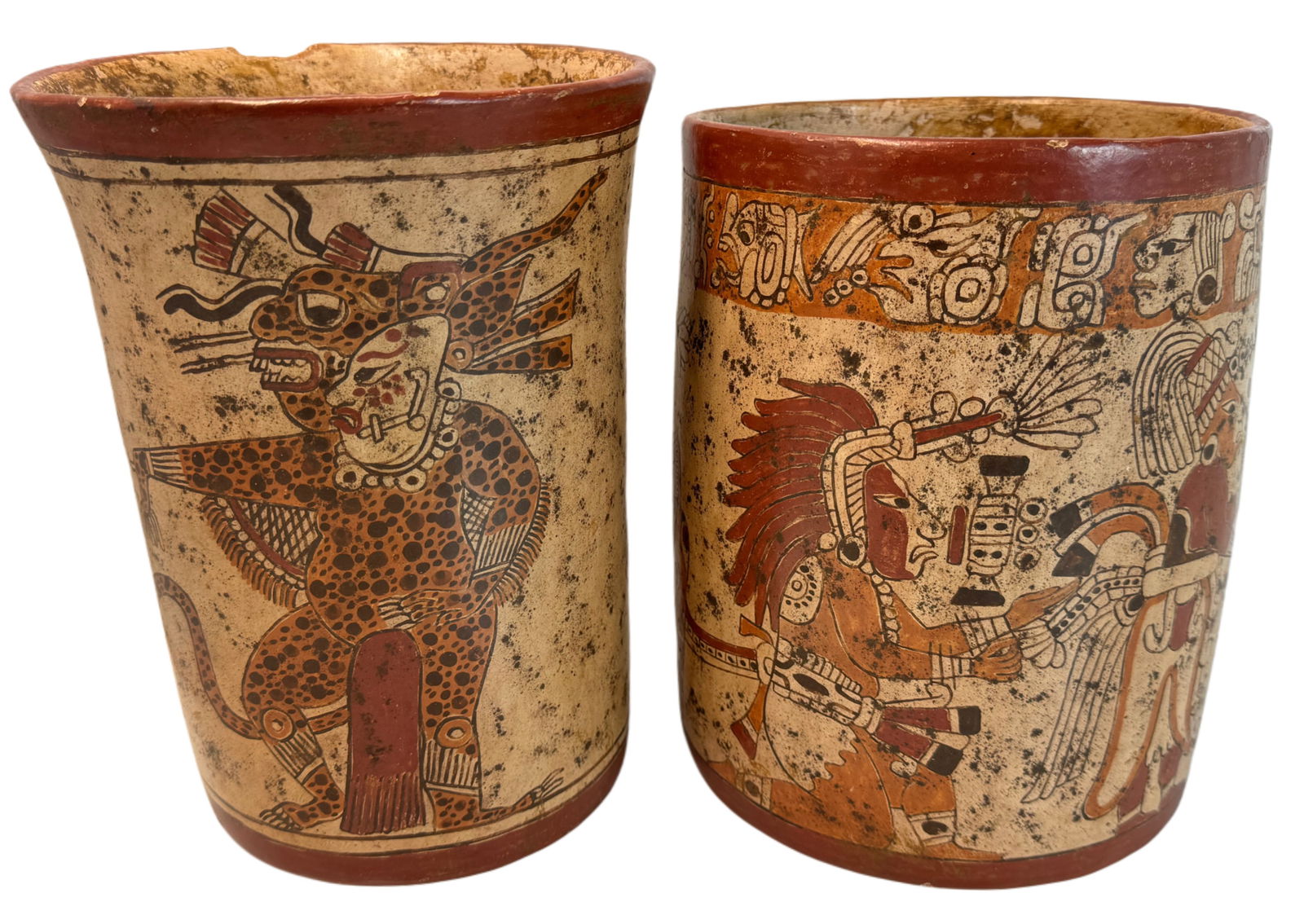 Mayan Mesoamerican Polychrome Figural Inscribed Ceramic Vase Pair (1 of 12)