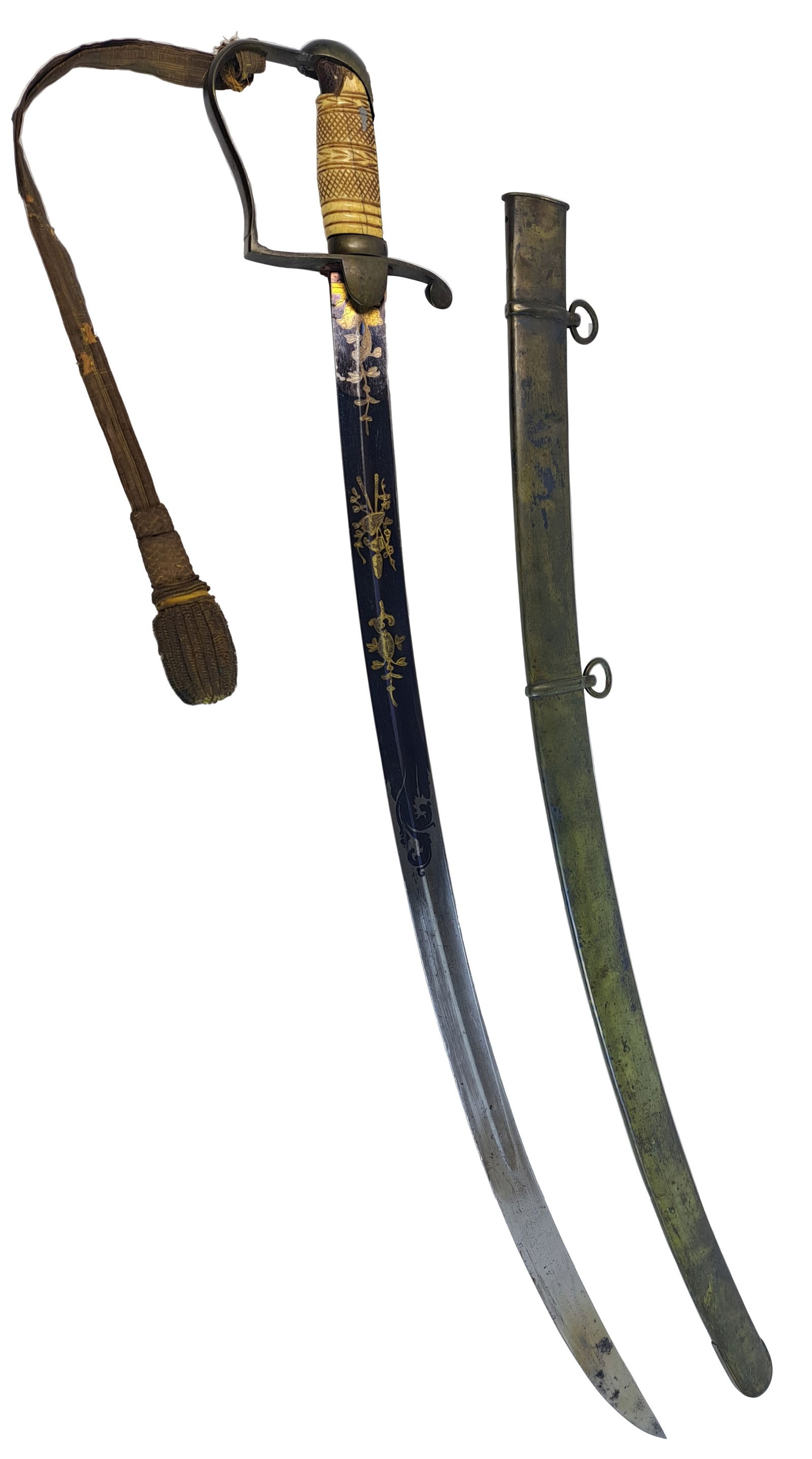 Antique Early American Mounted Officer Sabre Captain Joseph B Vorhis W/ Scabbard Carved Bone Handle: Described By:Taylor HFA DT Title:Antique Early American Mounted Officer Sabre Captain Joseph B Vorhis W/ Scabbard Carved Bone Handle & Gold Inlay Blade AW Spies Sword Description: One of ten edged wea