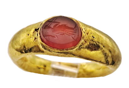 Ancient Greco-Roman High Karat Gold Carved Carnelian Intaglio Ring w/ Man Carrying Patriarchal Cross (1 of 11)