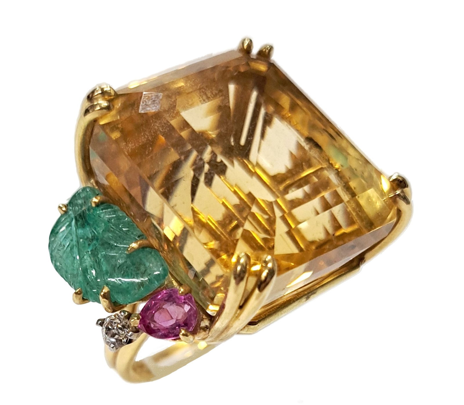 Beautiful Aprx 55ct Citrine Carved Emerald Natural Ruby Diamond 18k Gold Retro Deco Ring 26 grams (1 of 8)