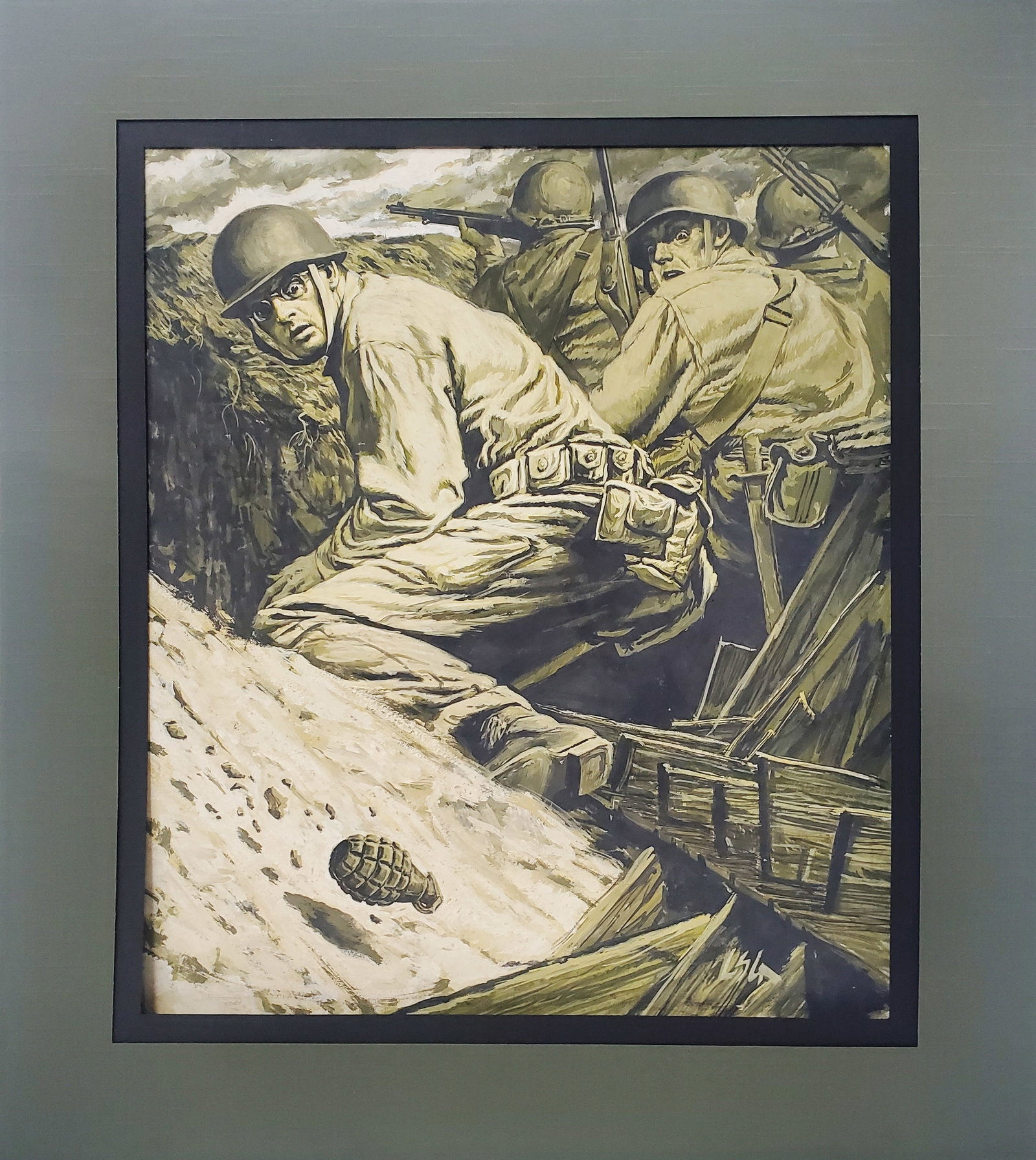 Louis Glanzman Original Illustration Painting Grenade Surprising Soldiers: Described By:Michelle NODD 59411 Title:Louis Glanzman Original Illustration Painting Grenade Surprising Soldiers Description: Acrylic or Gouache on Watercolor Board. Louis Glanzman illustrated for Col