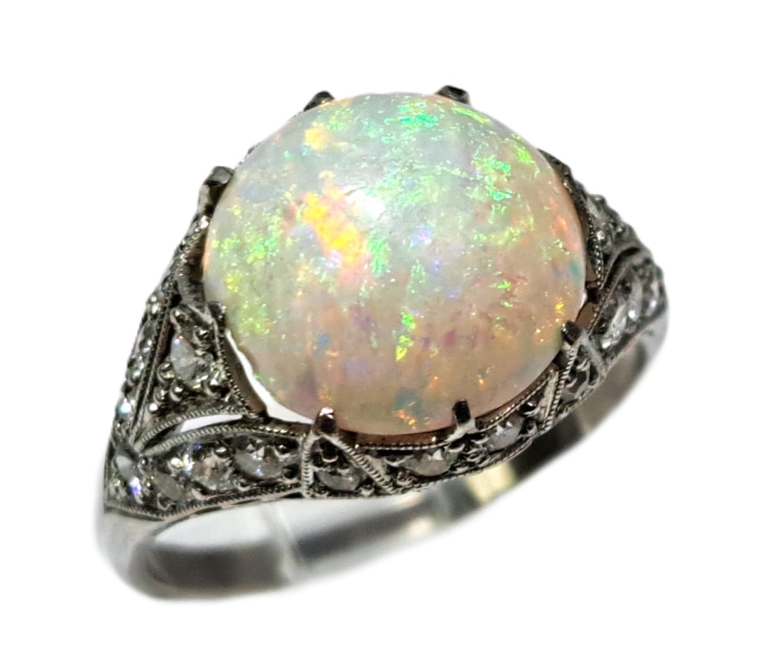 Art Deco Stunning Platinum Diamond Natural Opal Ladies Ring Superior Condition (1 of 5)